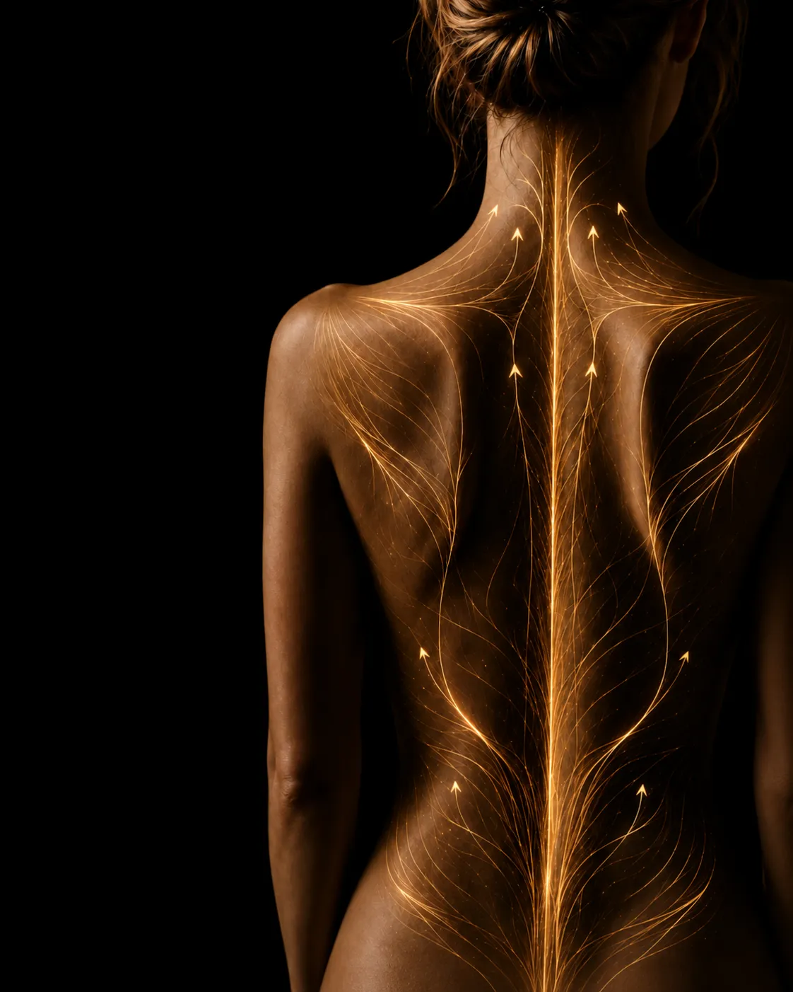 Dos de femme parcouru de flux dorés ascendants, illustrant l’effet du massage sur les muscles